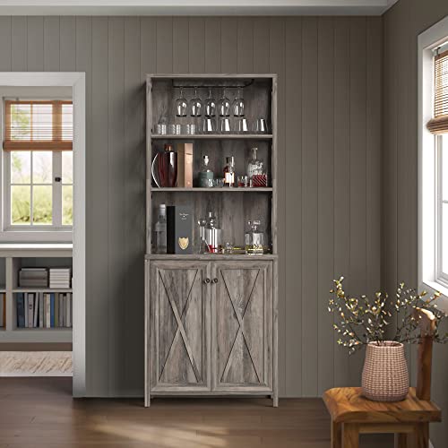 DWVO 67" Tall Wine Bar Cabinet for Liquor and Glasses, Farmhouse Kitchen Cabinet Coffee Bar with Adjustable Shelves, Open Storage Shelves, Buffet Kitchen Cabinet for Dinning Room, Kitchen, Gr - WoodArtSupply