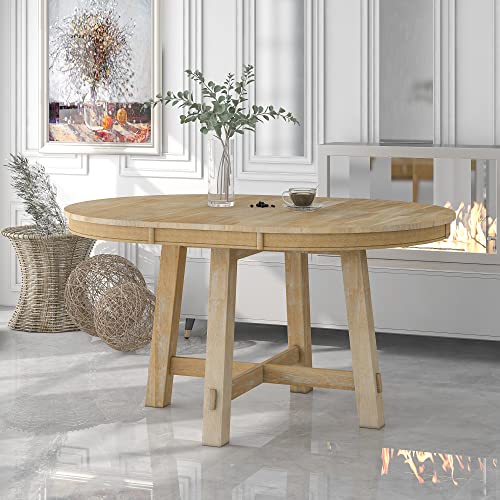 Ball & Cast Farmhouse Extendable Dining Table for 4-6, 42"-58" Extendable Kitchen-Table with a 16" Leaf, Round Ellipse Retro Wood Dining Room-Table w/Removable Leaves,Space Saving, Natural Ball & Cast