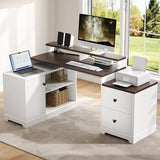 67" L Shaped Executive Desk with Drawers & Storage Shelf, Corner Computer Desk with Power Outlets, Home Office Desk with Monitor Stand, Printer Shelf, Computer Writing Desk for Work, Antique White CASSORA