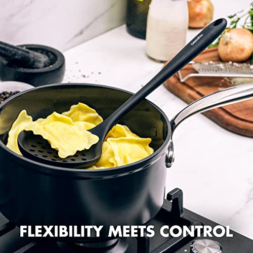 GreenPan 5 Piece Cooking Utensil Set, Flexible Nonstick Silicone, Stain-Free, Tongs, Turner, Spatula, Skimmer, and Slotted Spoon, Black GreenPan