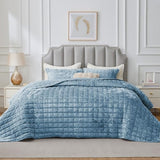 BEDELITE Velvet Quilt Set King Size - Luxury Velvet Comforter Bedding Set 3 Pieces, Soft Cozy Shiny Dusty Blue Oversized Bedspread Coverlet for All Seasons with 2 Pillow Shams BEDELITE