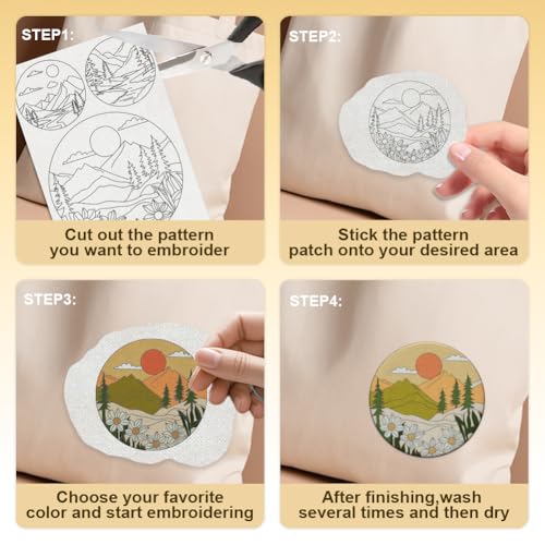 DOODLREAM 15pcs Natural Scenery Embroidery Kit, 8.3"x11.7" Water Soluble Stick & Stitch Embroidery Stickers, 4 Sheets, Mountain Sunset Hand Sewing DIY Embroidery Paper