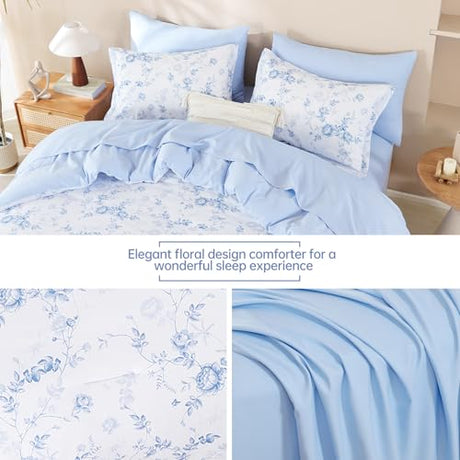 Luxudecor Floral Queen Comforter Set 7 Pieces Bed in a Bag, Blue Rose Romantic Flower Bed Set, Soft Reversible Comforter with Sheet Set 90"x90" Luxudecor