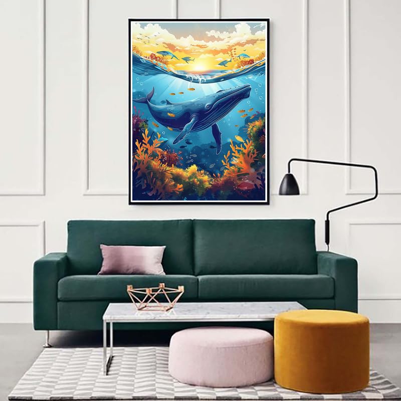 Zariocy 5D Diamond Art Kits for Adults Whale, DIY Diamond Painting Art Ocean Round Full Drill Crystal Diamond Embroidery Paintings Arts Craft for Home Office Wall Decor 12x16 inch Zariocy