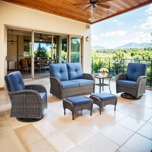 Belord 6 Piece Patio Conversation Sets - Wicker Patio Furniture Sets with Outdoor Swivel Rocker Chairs, Glider Loveseat Perfect for Patio Deck Backyard, Brown Wicker Blue Cushion Belord