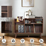 Large Record Player Stand, Mid-Century Vinyl Record Storage Table with Wood Legs and Record Storage, Modern Turntable Stand Holds Up to 300 Albums for Studio, Living Room, Bedroom (Walnut) ORRD