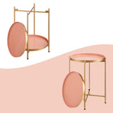 HollyHOME 2-Tier Round Gold Side Table, Outdoor Small Folding Accent Stand with Removable Tray, Anti-Rust Metal Asional Table for Balcony Patio Living Room, Nightstand for Bedroom(Gold&Pink) HollyHOME