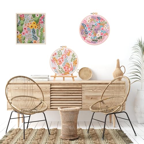 LB Pink Floral Embroidery Kit for Beginners Adults, 3 Sets Hand Embroidery Starter Kit with Cactus Flower Pattern and Instructions Stamped Cross Stitch Kits Include Embroidery Hoop Needles Threads