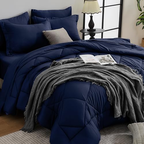HEVUMYI Navy Blue Queen Comforter Set - 7-Piece All Season Bed in a Bag Queen, Ultra Soft Bedding Set with Comforter, Flat Sheet, Fitted Sheet, Pillowcases, Pillow Shams, Navy Blue HEVUMYI