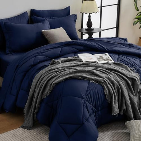 HEVUMYI Navy Blue Queen Comforter Set - 7-Piece All Season Bed in a Bag Queen, Ultra Soft Bedding Set with Comforter, Flat Sheet, Fitted Sheet, Pillowcases, Pillow Shams, Navy Blue HEVUMYI