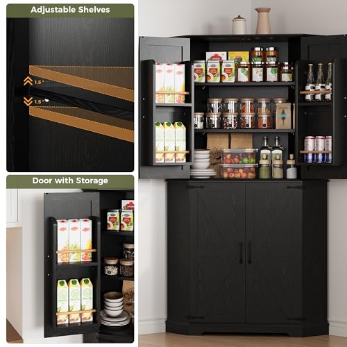 IRONCK Corner Cabinet, 72" Kitchen Pantry Cabinet, 6-Tier Freestanding Farmhouse Pantry with 2 Adjustable Shelves, 240°Swivel Doors, 2 Doors Storage, Spacious Hutch for Kitchen, Living Room, Black IRONCK