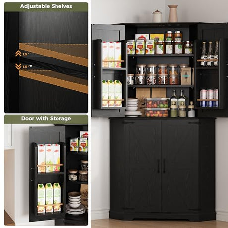 IRONCK Corner Cabinet, 72" Kitchen Pantry Cabinet, 6-Tier Freestanding Farmhouse Pantry with 2 Adjustable Shelves, 240°Swivel Doors, 2 Doors Storage, Spacious Hutch for Kitchen, Living Room, Black IRONCK