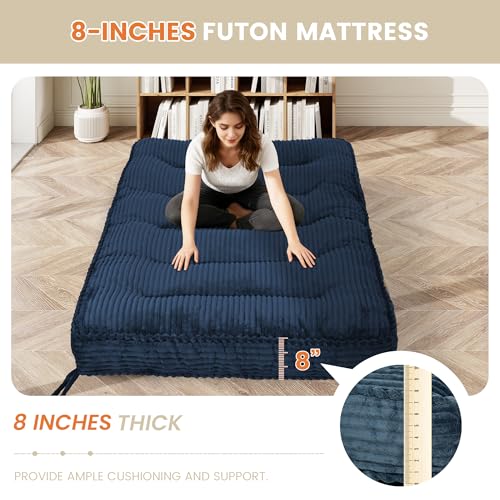 KOZIDO 8 Inches Futon Mattress Queen Size, Extra Thick Futons Sofa Couch Bed with Strap Design, Japanese Floor Mattress for Adults, Folding Mattres Shredded Foam Filling (Frame Not Included), Blue KOZIDO