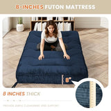 KOZIDO 8 Inches Futon Mattress Queen Size, Extra Thick Futons Sofa Couch Bed with Strap Design, Japanese Floor Mattress for Adults, Folding Mattres Shredded Foam Filling (Frame Not Included), Blue KOZIDO