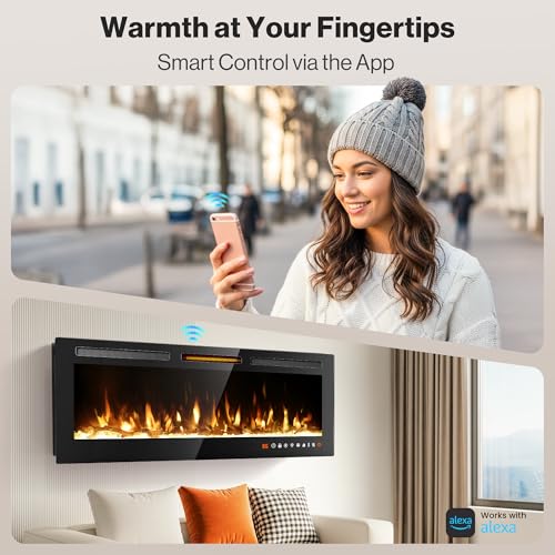 Riseon 36''Smart WiFi Electric Fireplace Heater,Recessed and Wall Mounted Freestanding Linear Fireplace,Ultra-Thin Wall Fireplace with 13 Adjustable Flame Color & 5 Brightness,Remote Control,1500/750W Riseon
