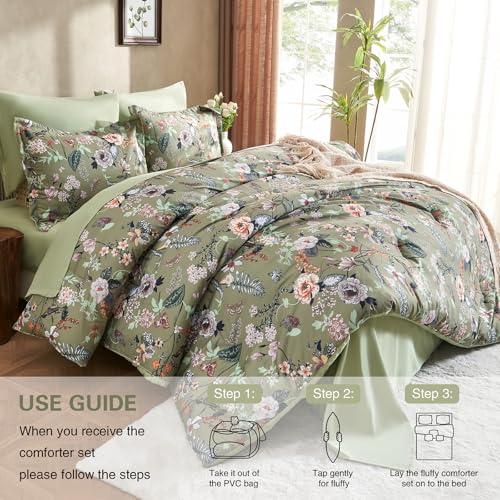 7 Piece King Comforter Set, Sage Green Butterfly Floral Comforter Set with Flowers Leaves Pattern, Soft Microfiber Complete Bedding Set for All Season(Sage Green, King) LLDSYW