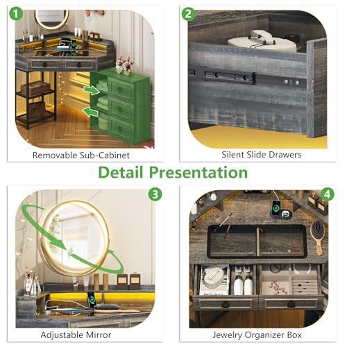 WOOVIVS Corner Vanity Desk with Lighted Rotating Mirror, Glass Top Makeup Table with 5 Drawers, Small Vanitys with Charging Station,Jewelry Organizers for Bedroom,Brown WOOVIVS