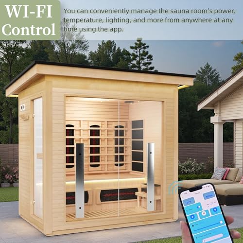 3-Person Far Infrared & Steam Dual-System Sauna Room, Outdoor Canadian Hemlock Wood Sauna, WiFi Control, Red Light Therapy, 11 Heaters & 4.5KW Harvia Stove, Left Door, 220-240V ZONEMEL