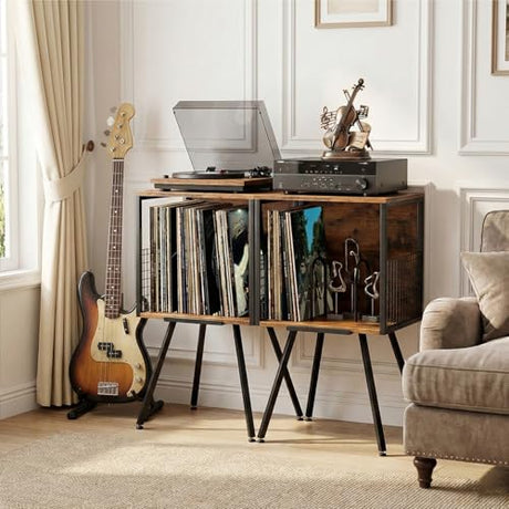 Faesun Record Player Stand with Storage Holds 100+ Vinyl Records, Industrial Turntable Stand with Storage Shelf, LP Album Organizer Cabinet for Small Spaces,Rustic End Table Faesun