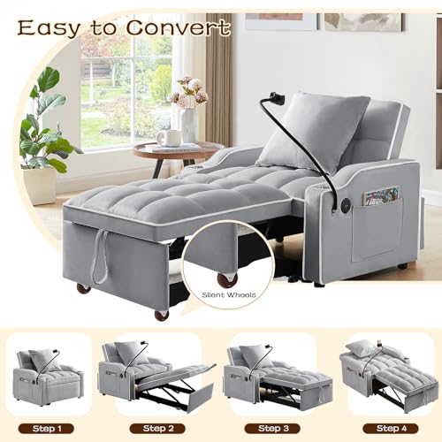 KINFFICT Sleeper Sofa Chair Bed, Convertible 3-in-1 Armchair, Adjustable Sleeper Chair with Pullout Bed, Single Lounger Futon with Side Pockets for Living Room (Grey) KINFFICT