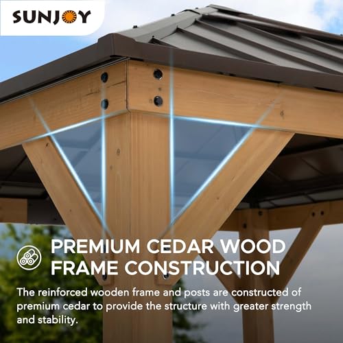 Sunjoy Hardtop Gazebo 9 x 9 ft. Cedar Framed Wood Gazebo with Brown Steel & Polycarbonate Pyramid Hip Roof and Ceiling Hook for Garden, Backyard - WoodArtSupply