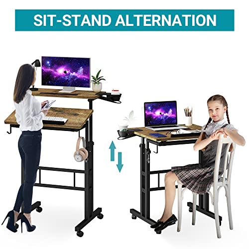 Klvied Rolling Mobile Desk with Cup Holder, Portable, Adjustable Height Small Stand up Desk on Wheels for Home Office Laptop Cart, Computer, Standing or Sitting,Oak Klvied