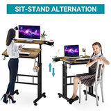Klvied Rolling Mobile Desk with Cup Holder, Portable, Adjustable Height Small Stand up Desk on Wheels for Home Office Laptop Cart, Computer, Standing or Sitting,Oak Klvied