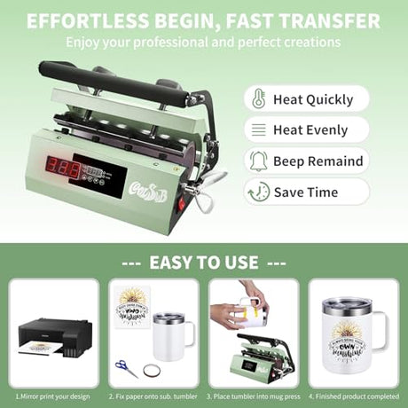 CoolSub Tumbler Heat Press Machine, Mug Press Machine for 30oz 20oz, Sublimation Blank Skinny Tumbler Glass Jar Can 11-16oz Mugs, Heat Transfer Print for Sublimation Tumblers, Cups, Mugs Green CoolSub