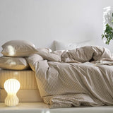 MooMee Striped Duvet Cover Set 100% Washed Cotton Linen Like Textured Breathable Durable Soft Comfy (Tannish Linen Grey White Wide Stripes, Queen 90"x90") MooMee