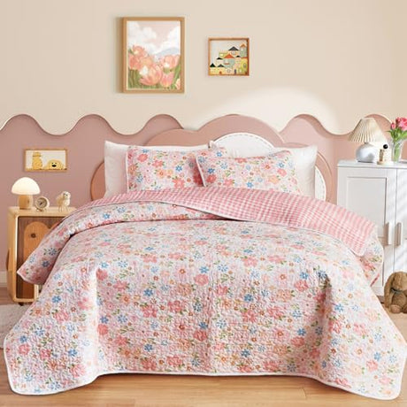Joyreap 3 Pieces Cotton Quilt Set for Girls, Full/Queen Size Floral Pink Flowers Design, Cozy Lightweight Quilt Bedspread Bed Cover for All Season, 1 Quilt and 2 Pillow Shams- 90x90 inches Joyreap