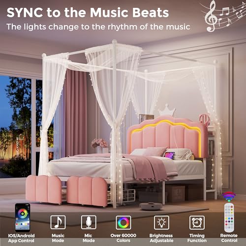Full Velvet Upholstered LED Canopy Bed Frame with 2 Storage Drawers and Charging Station, Crown Headboard with Bookshelf, Two-Use Princess Platform Bed with 4 Removable Posts,Metal Slats Support-Pink Jocoevol