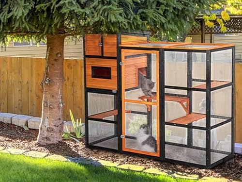 PETSFIT Large Catio Outdoor Cat Enclosure with Waterproof PVC Roof, 4 Larger Platforms and 2 Private Resting Rooms, Orange Large Cat Catio Outdoor, Spacious Shelter for Cats,Kitties & Small Animal Petsfit