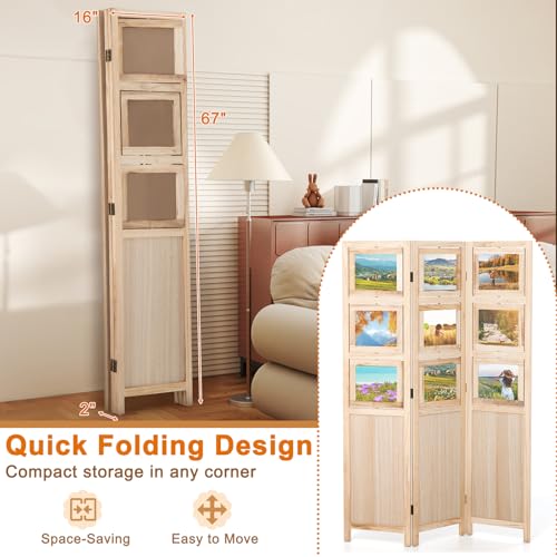 Giantex 3 Panel Room Divider with 9 Rotating Picture Frames, 67'' Folding Privacy Screen for Photo Display, Freestanding Wood Wall Partition for Room Separation, Bedroom, Office, Natural Giantex