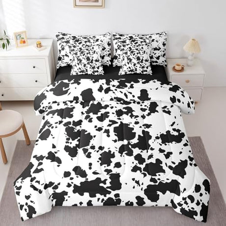 Erosebridal Cow Print 7 Piece Bed in a Bag King,Milk Cow Cattle Bedding Set Bed Sheets for Kids Teens Adults,Wild Animal Farmhouse Comforter Set,Black White Bull Cowhide Sheet Set with Comforter Erosebridal