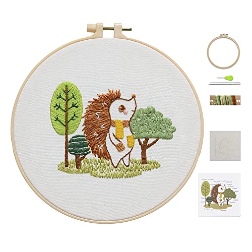 Ebherys Level 1 Embroidery Kits for Beginners and Adults, Different Animals Pattern, 1set as a Pack, inculde 1 Hoop, Instruction and Enough Threads, Easy and Basic Stitches (Hedgehog)