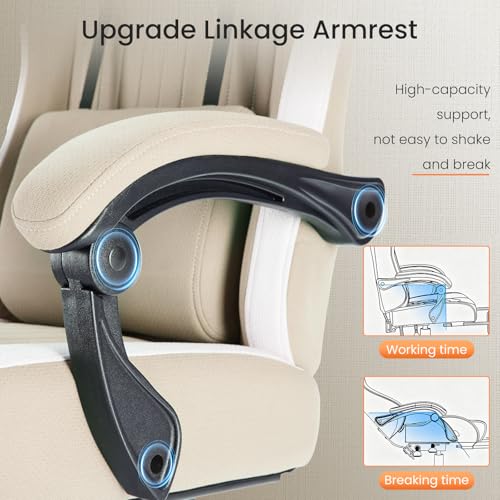 Sweetcrispy Computer Gaming Chair - High Back Ergonomic Desk Chair with Footrest and Lumbar Support, Height Adjustable Task Chair with Linkage Armrests and Headrest, 360° Swivel Wheels, Khaki Sweetcrispy
