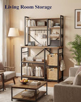 Kitsure Baker's Rack with Power Outlet - Storage Rack with Kitchen Shelves and 12 Hooks, Versatile Coffee Bar and Microwave Stand for Appliances, Pantry, Home Organization,Brown, 38.0" x 15.5" x 67.0"