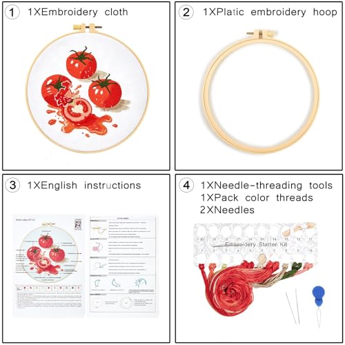 Tomato Embroidery Kits for Beginners Adults, Hand Embroidery Starter Kit, Cross Stitch Kits for Beginners DIY Craft Kits for Adults Women, Entire Set of Embroidery Supplies【Full-length Video Tutorial】