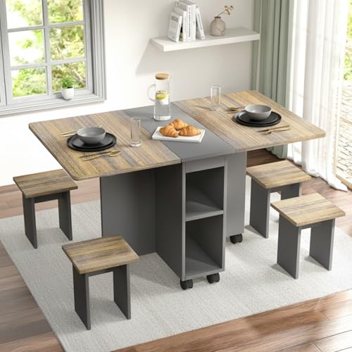 5 Pieces Folding Dining Table Set for 4-6 People,55 Inch Folding Dinner Table with 4 Chairs -Space-Saving Kitchen Dining Set with 6 wheels and 2-Layer Storage Shelf for Dining Room Small Apartment SYMCAVE