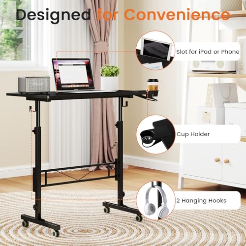 Hadulcet Small Standing Desk Adjustable Height, Mobile Stand Up Desk with Wheels, Portable Walking Pad Table Stand, Rolling Laptop Cart for Standing or Sitting, Black Hadulcet