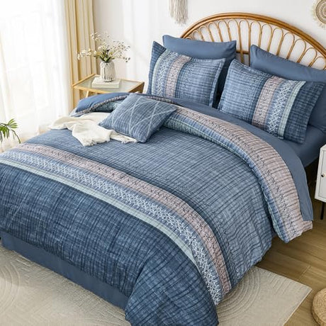 Dintszyayue Blue Comforter Set Queen Size, 8 Pieces Boho Striped Bed in a Bag Soft Microfiber Bedding Set for All Season Dintszyayue