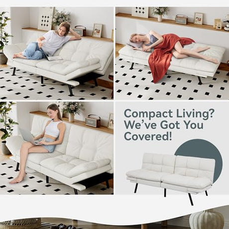AMICLIBER Futon Sofa Bed Convertible Couch, White Faux Leather Sofa Bed with Memory Foam, Adjustable Backrest & Armrests, Multifunctional Small Loveseat Sleeper Sofa for Living Room, Apartment, Office AMICLIBER