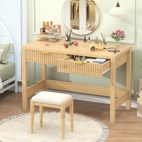 YOMILUVE Fluted Computer Desk with 2 Drawers, 39 Inch Small Computer Desk with Storage, Compact Writing Study Desk for Small Spaces YOMILUVE