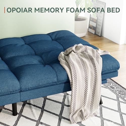 Opoiar Convertible Futon Sofa Bed,71" Memory Foam Futon Couch,Detachable Cushion,Adjustable Backrest & Armrest,Linen Modern Loveseat Sleeper Recliner for Living Room,Office,Apartment,Retro Blue Opoiar