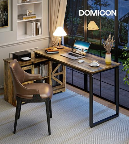 DOMICON Rustic Corner Desk with Storage, L Shaped Farmhouse Office Desk with Sufficient Storage Capacity, Built-in Power Socket and Barn Door Design - WoodArtSupply