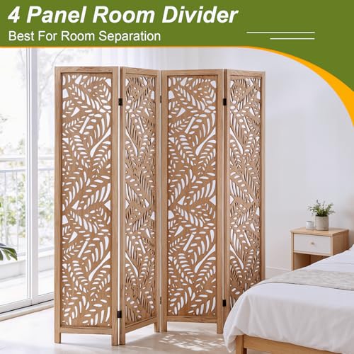 Leaf-Carved Room Divider Folding Privacy Screen, 67 Inch Tall Wooden Carved Room Divider, Portable Divider for Room Separation, Boho Room Partitions for Home Office (Natural) ZFFURN