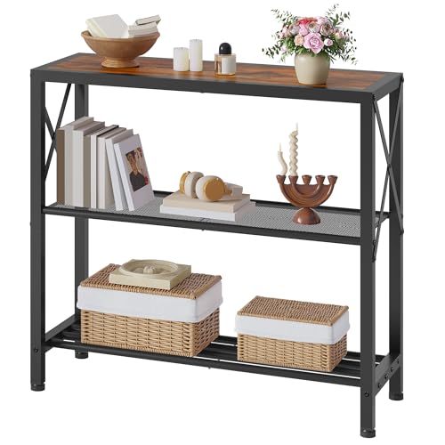 Hoctieon Industrial Console Table, 3-Tier Entryway Tables, Metal Frame, Sofa Table with Shelf, Hallway Tables, Entrance Desk for Entryway, Living Room, Foyer, Hallway, Rustic Brown&Black Hoctieon
