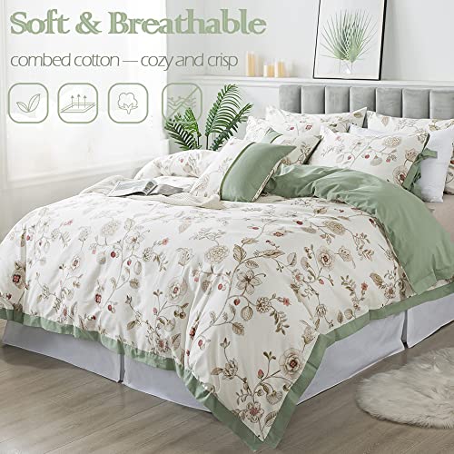 FADFAY Floral Bedding Set Full 100% Cotton Shabby and Chic Beige Green Reversible Duvet Cover Vintage Pink Flower Print Bed Covers Luxury Girls Pretty Bowknot Soft Crisp Zipper Comforter Cover 3Pcs FADFAY