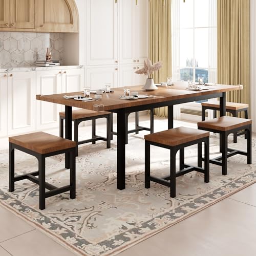 Feonase 7-Piece Dining Table Set with 6 Stools, 63" Large Extendable Kitchen Table Set for 4-8, Mid-Century Dining Room Table with Heavy-Duty Frame, Easy Assembly, Walnut - WoodArtSupply