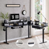 RedLemon 75X60 Inches L Shaped Electric Standing Desk, Height Adjustable Corner Gaming Desk with Drawers, Power Outlets & LED Lights, Computer Desk with Monitor Shelf, Carbon Fiber Black RedLemon
